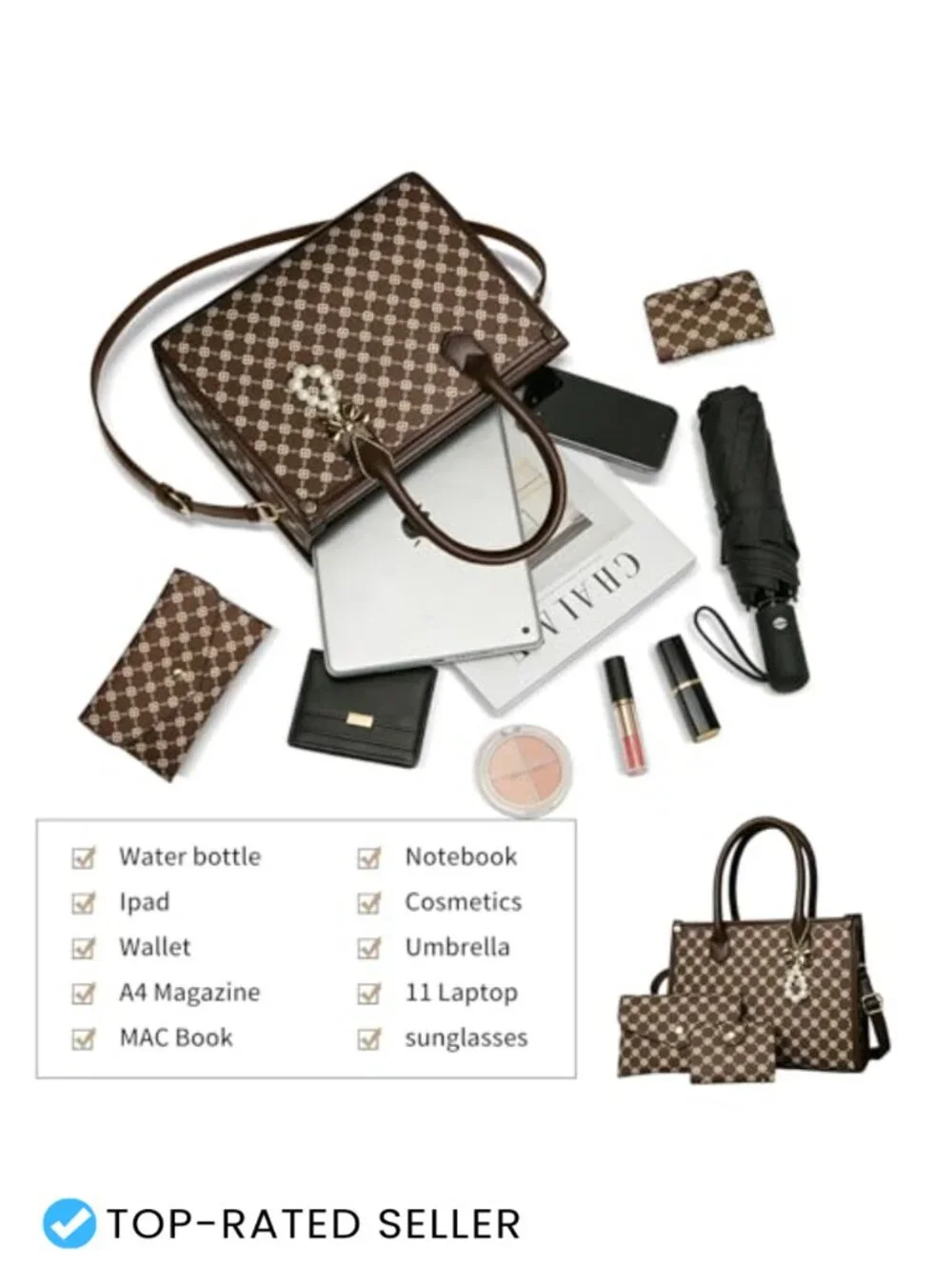 Women's Satchel Bag 3-Piece Set PU Leather with Plaid Bow Top Handle Crossbody